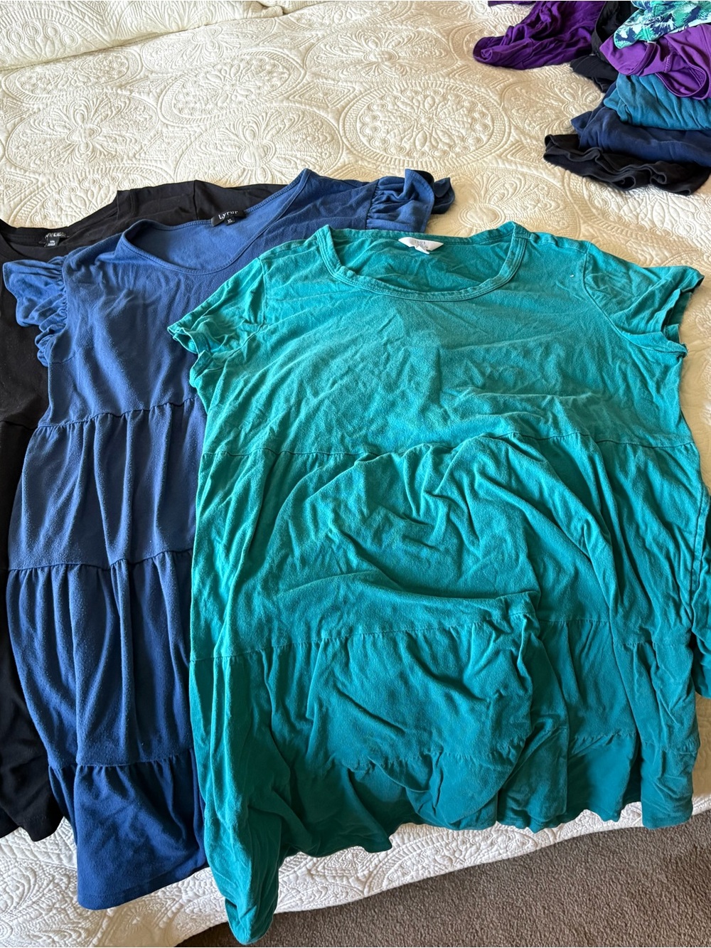Set of 3 Time and Tru XL Cotton Teal, Black, Navy Short Sleeve Tiered Dresses